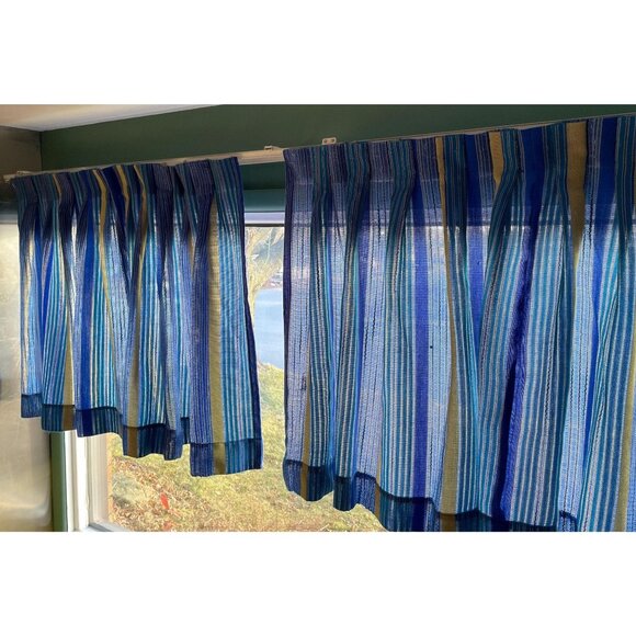 Vintage 70s curtains, pair of blue and lime green striped pleated panels - Picture 1 of 10